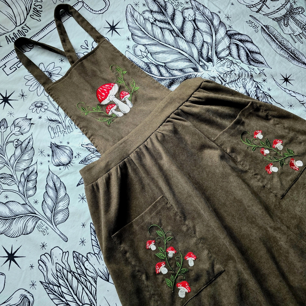 Brown Apron Dress with Mushroom Embroidery
